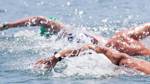 Zwei Schwimmer tauchen in einen Badesee, während Wasser und Spritzer um sie herum spritzen.